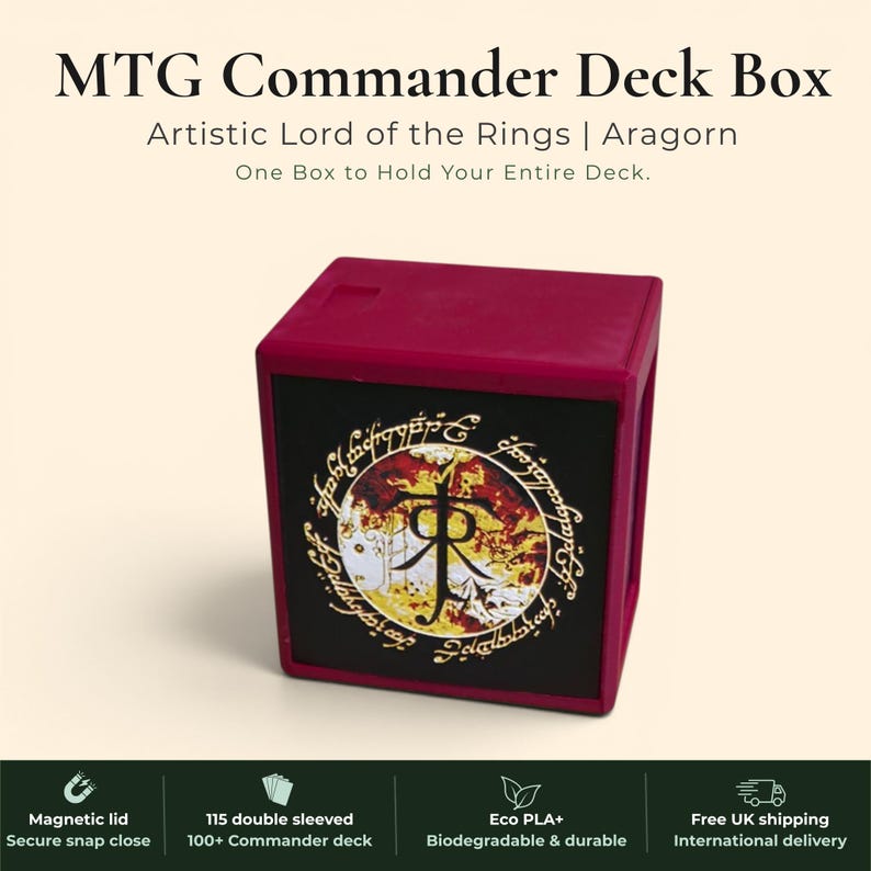 Aragorn King of Gondor MTG Commander deck box — 3D printed PLA+, handcrafted in the UK. Features Aragorn wielding Andúril in crimson and gold, One Ring Elvish rune inscriptions, magnetic closure, holds 115+ double sleeved cards, hero display compartment included. Perfect for MTG EDH, Lord of the Rings TCG, Lorcana and Pokémon TCG fans.