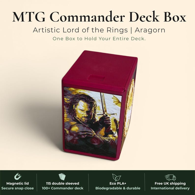 Aragorn King of Gondor MTG Commander deck box — 3D printed PLA+, handcrafted in the UK. Features Aragorn wielding Andúril in crimson and gold, One Ring Elvish rune inscriptions, magnetic closure, holds 115+ double sleeved cards, hero display compartment included. Perfect for MTG EDH, Lord of the Rings TCG, Lorcana and Pokémon TCG fans.