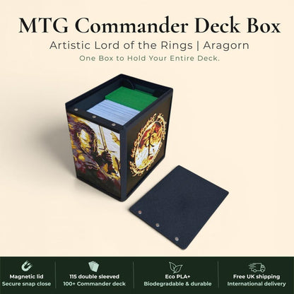 Aragorn King of Gondor MTG Commander deck box — 3D printed PLA+, handcrafted in the UK. Features Aragorn wielding Andúril in crimson and gold, One Ring Elvish rune inscriptions, magnetic closure, holds 115+ double sleeved cards, hero display compartment included. Perfect for MTG EDH, Lord of the Rings TCG, Lorcana and Pokémon TCG fans.