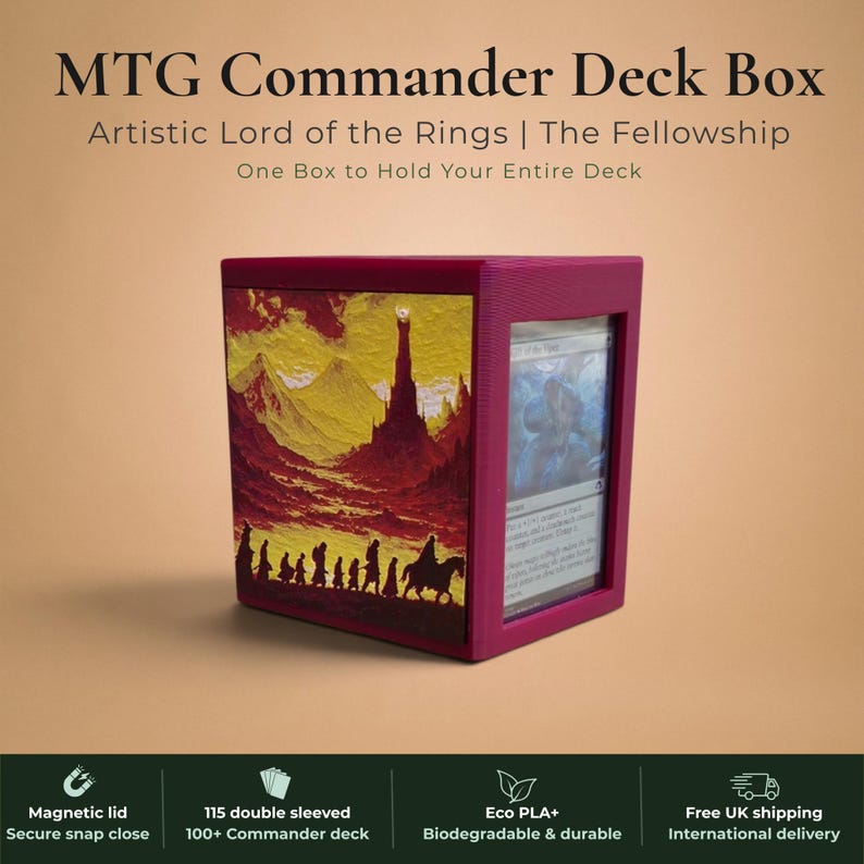 Lord of the Rings Fellowship of the Ring Commander deck box, black and burgundy red magnetic card vault with Fellowship silhouettes marching toward Barad-dur Eye of Sauron on crimson gold sky and One Ring elvish rune inscription art, fits 115 double sleeved cards, MTG Commander EDH, Magic the Gathering, One Piece TCG, Disney Lorcana, Pokemon TCG, Flesh and Blood, tolkien fantasy gift, LOTR middle earth gift, made in UK Rotherham