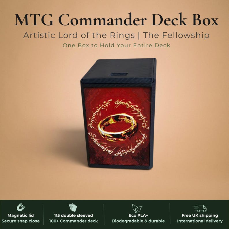 Lord of the Rings Fellowship of the Ring Commander deck box, black and burgundy red magnetic card vault with Fellowship silhouettes marching toward Barad-dur Eye of Sauron on crimson gold sky and One Ring elvish rune inscription art, fits 115 double sleeved cards, MTG Commander EDH, Magic the Gathering, One Piece TCG, Disney Lorcana, Pokemon TCG, Flesh and Blood, tolkien fantasy gift, LOTR middle earth gift, made in UK Rotherham