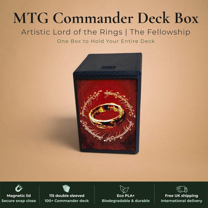 Lord of the Rings Fellowship of the Ring Commander deck box, black and burgundy red magnetic card vault with Fellowship silhouettes marching toward Barad-dur Eye of Sauron on crimson gold sky and One Ring elvish rune inscription art, fits 115 double sleeved cards, MTG Commander EDH, Magic the Gathering, One Piece TCG, Disney Lorcana, Pokemon TCG, Flesh and Blood, tolkien fantasy gift, LOTR middle earth gift, made in UK Rotherham