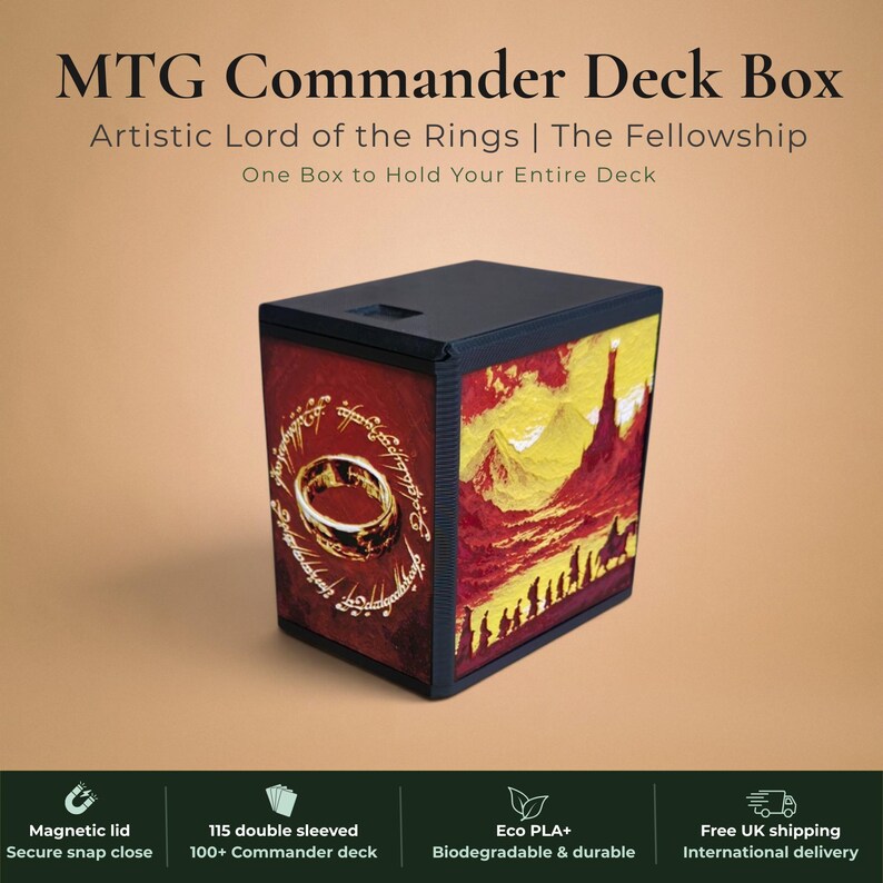 Lord of the Rings Fellowship of the Ring Commander deck box, black and burgundy red magnetic card vault with Fellowship silhouettes marching toward Barad-dur Eye of Sauron on crimson gold sky and One Ring elvish rune inscription art, fits 115 double sleeved cards, MTG Commander EDH, Magic the Gathering, One Piece TCG, Disney Lorcana, Pokemon TCG, Flesh and Blood, tolkien fantasy gift, LOTR middle earth gift, made in UK Rotherham