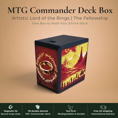 Lord of the Rings Fellowship of the Ring Commander deck box, black and burgundy red magnetic card vault with Fellowship silhouettes marching toward Barad-dur Eye of Sauron on crimson gold sky and One Ring elvish rune inscription art, fits 115 double sleeved cards, MTG Commander EDH, Magic the Gathering, One Piece TCG, Disney Lorcana, Pokemon TCG, Flesh and Blood, tolkien fantasy gift, LOTR middle earth gift, made in UK Rotherham