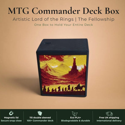 Lord of the Rings Fellowship of the Ring Commander deck box, black and burgundy red magnetic card vault with Fellowship silhouettes marching toward Barad-dur Eye of Sauron on crimson gold sky and One Ring elvish rune inscription art, fits 115 double sleeved cards, MTG Commander EDH, Magic the Gathering, One Piece TCG, Disney Lorcana, Pokemon TCG, Flesh and Blood, tolkien fantasy gift, LOTR middle earth gift, made in UK Rotherham