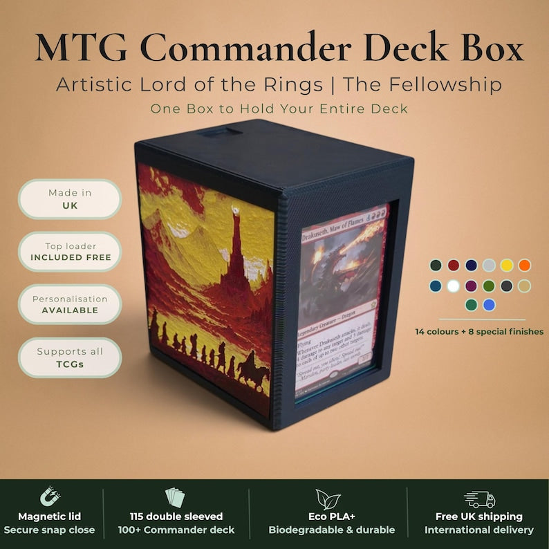Lord of the Rings Fellowship of the Ring Commander deck box, black and burgundy red magnetic card vault with Fellowship silhouettes marching toward Barad-dur Eye of Sauron on crimson gold sky and One Ring elvish rune inscription art, fits 115 double sleeved cards, MTG Commander EDH, Magic the Gathering, One Piece TCG, Disney Lorcana, Pokemon TCG, Flesh and Blood, tolkien fantasy gift, LOTR middle earth gift, made in UK Rotherham