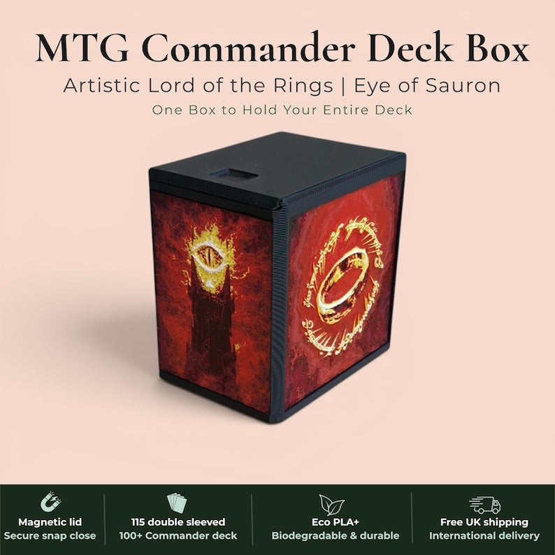 Lord of the Rings Eye of Sauron MTG Commander deck box — 3D printed PLA+, handcrafted in the UK. Features the fiery Eye of Sauron and One Ring with Elvish rune inscriptions in crimson and gold. Magnetic closure, holds 115+ double sleeved cards, hero display compartment included. Available in black, burgundy red or forest green. Perfect for MTG EDH, Lorcana, Pokémon TCG fans.