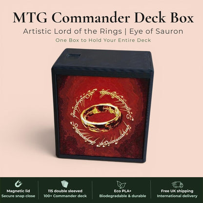Lord of the Rings Eye of Sauron MTG Commander deck box — 3D printed PLA+, handcrafted in the UK. Features the fiery Eye of Sauron and One Ring with Elvish rune inscriptions in crimson and gold. Magnetic closure, holds 115+ double sleeved cards, hero display compartment included. Available in black, burgundy red or forest green. Perfect for MTG EDH, Lorcana, Pokémon TCG fans.
