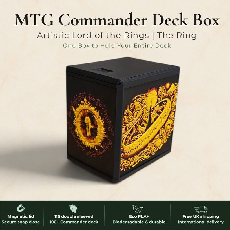Lord of the Rings One Ring Commander deck box, black magnetic card vault with gold burning ring art, fits 115 double sleeved cards, MTG Commander EDH, Magic the Gathering, One Piece TCG, Disney Lorcana, Pokemon TCG, Flesh and Blood, tolkien fantasy gift, LOTR deck box, middle earth, top loader included, made in UK Rotherham