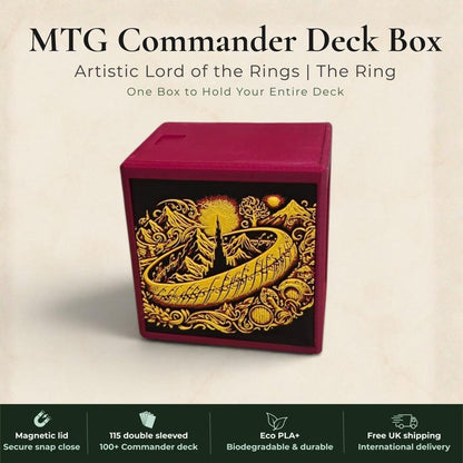 Lord of the Rings One Ring Commander deck box, black magnetic card vault with gold burning ring art, fits 115 double sleeved cards, MTG Commander EDH, Magic the Gathering, One Piece TCG, Disney Lorcana, Pokemon TCG, Flesh and Blood, tolkien fantasy gift, LOTR deck box, middle earth, top loader included, made in UK Rotherham