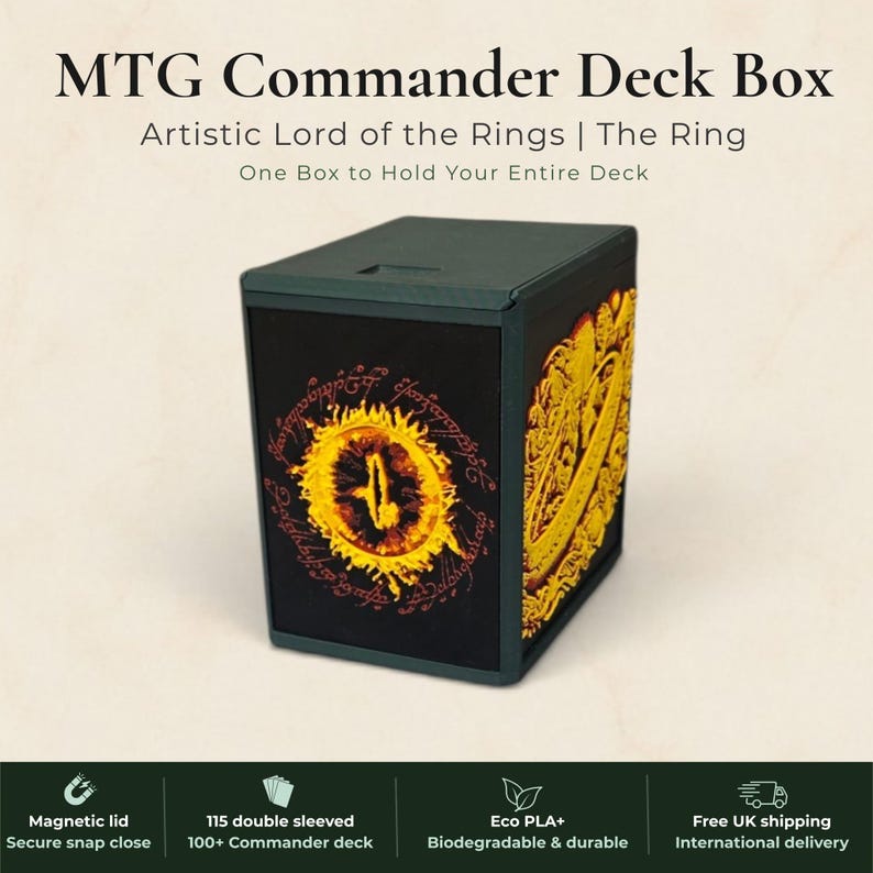 Lord of the Rings One Ring Commander deck box, black magnetic card vault with gold burning ring art, fits 115 double sleeved cards, MTG Commander EDH, Magic the Gathering, One Piece TCG, Disney Lorcana, Pokemon TCG, Flesh and Blood, tolkien fantasy gift, LOTR deck box, middle earth, top loader included, made in UK Rotherham