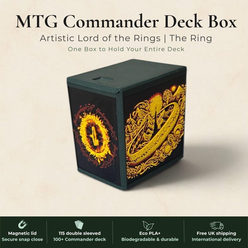 Lord of the Rings One Ring Commander deck box, black magnetic card vault with gold burning ring art, fits 115 double sleeved cards, MTG Commander EDH, Magic the Gathering, One Piece TCG, Disney Lorcana, Pokemon TCG, Flesh and Blood, tolkien fantasy gift, LOTR deck box, middle earth, top loader included, made in UK Rotherham