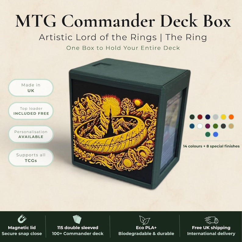 Lord of the Rings One Ring Commander deck box, black magnetic card vault with gold burning ring art, fits 115 double sleeved cards, MTG Commander EDH, Magic the Gathering, One Piece TCG, Disney Lorcana, Pokemon TCG, Flesh and Blood, tolkien fantasy gift, LOTR deck box, middle earth, top loader included, made in UK Rotherham