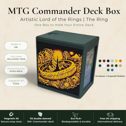 Lord of the Rings One Ring Commander deck box, black magnetic card vault with gold burning ring art, fits 115 double sleeved cards, MTG Commander EDH, Magic the Gathering, One Piece TCG, Disney Lorcana, Pokemon TCG, Flesh and Blood, tolkien fantasy gift, LOTR deck box, middle earth, top loader included, made in UK Rotherham