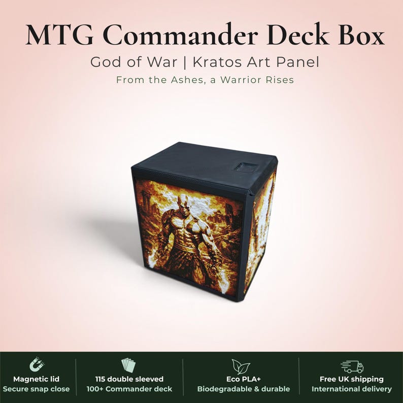 God of War Kratos MTG Commander deck box — 3D printed PLA+, handcrafted in the UK. Features a blazing golden warrior rising from flames in gold, amber and white filament art. Available in black or burgundy red, magnetic lid, holds 115+ double sleeved cards, premium top loader included. Perfect for MTG EDH, Lorcana and Pokémon TCG fans.