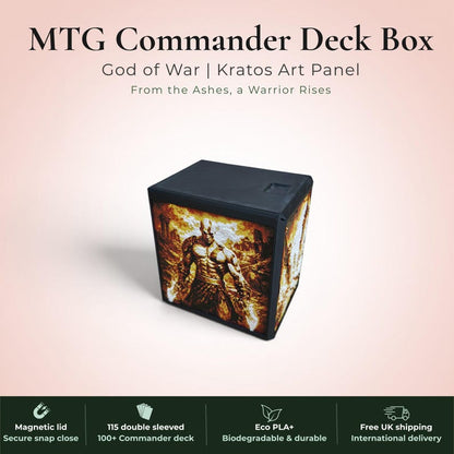 God of War Kratos MTG Commander deck box — 3D printed PLA+, handcrafted in the UK. Features a blazing golden warrior rising from flames in gold, amber and white filament art. Available in black or burgundy red, magnetic lid, holds 115+ double sleeved cards, premium top loader included. Perfect for MTG EDH, Lorcana and Pokémon TCG fans.
