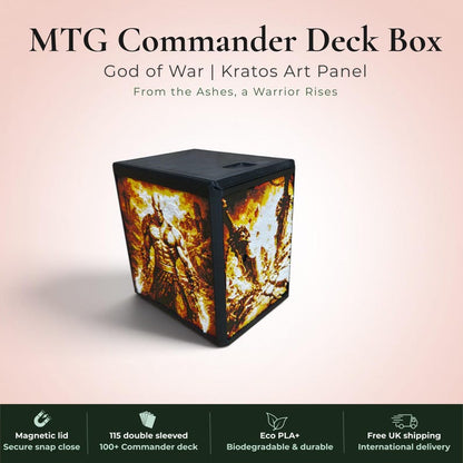 God of War Kratos MTG Commander deck box — 3D printed PLA+, handcrafted in the UK. Features a blazing golden warrior rising from flames in gold, amber and white filament art. Available in black or burgundy red, magnetic lid, holds 115+ double sleeved cards, premium top loader included. Perfect for MTG EDH, Lorcana and Pokémon TCG fans.