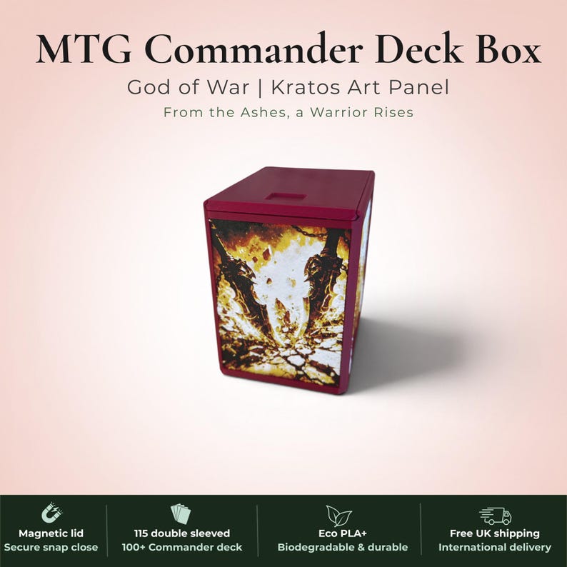 God of War Kratos MTG Commander deck box — 3D printed PLA+, handcrafted in the UK. Features a blazing golden warrior rising from flames in gold, amber and white filament art. Available in black or burgundy red, magnetic lid, holds 115+ double sleeved cards, premium top loader included. Perfect for MTG EDH, Lorcana and Pokémon TCG fans.