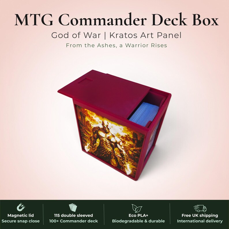 God of War Kratos MTG Commander deck box — 3D printed PLA+, handcrafted in the UK. Features a blazing golden warrior rising from flames in gold, amber and white filament art. Available in black or burgundy red, magnetic lid, holds 115+ double sleeved cards, premium top loader included. Perfect for MTG EDH, Lorcana and Pokémon TCG fans.
