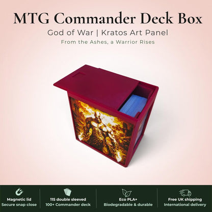 God of War Kratos MTG Commander deck box — 3D printed PLA+, handcrafted in the UK. Features a blazing golden warrior rising from flames in gold, amber and white filament art. Available in black or burgundy red, magnetic lid, holds 115+ double sleeved cards, premium top loader included. Perfect for MTG EDH, Lorcana and Pokémon TCG fans.