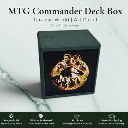 Jurassic Park Jurassic World dinosaur Commander deck box, black magnetic card vault with green prehistoric T-Rex dinosaur art, fits 115 double sleeved cards, MTG Commander EDH, Magic the Gathering, One Piece TCG, Disney Lorcana, Pokemon TCG, Flesh and Blood, Yu-Gi-Oh, dinosaur gift, tabletop gaming gift, made in UK Rotherham