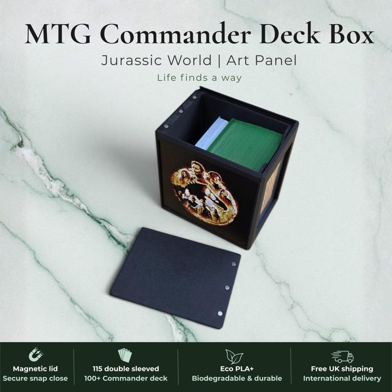 Jurassic Park Jurassic World dinosaur Commander deck box, black magnetic card vault with green prehistoric T-Rex dinosaur art, fits 115 double sleeved cards, MTG Commander EDH, Magic the Gathering, One Piece TCG, Disney Lorcana, Pokemon TCG, Flesh and Blood, Yu-Gi-Oh, dinosaur gift, tabletop gaming gift, made in UK Rotherham
