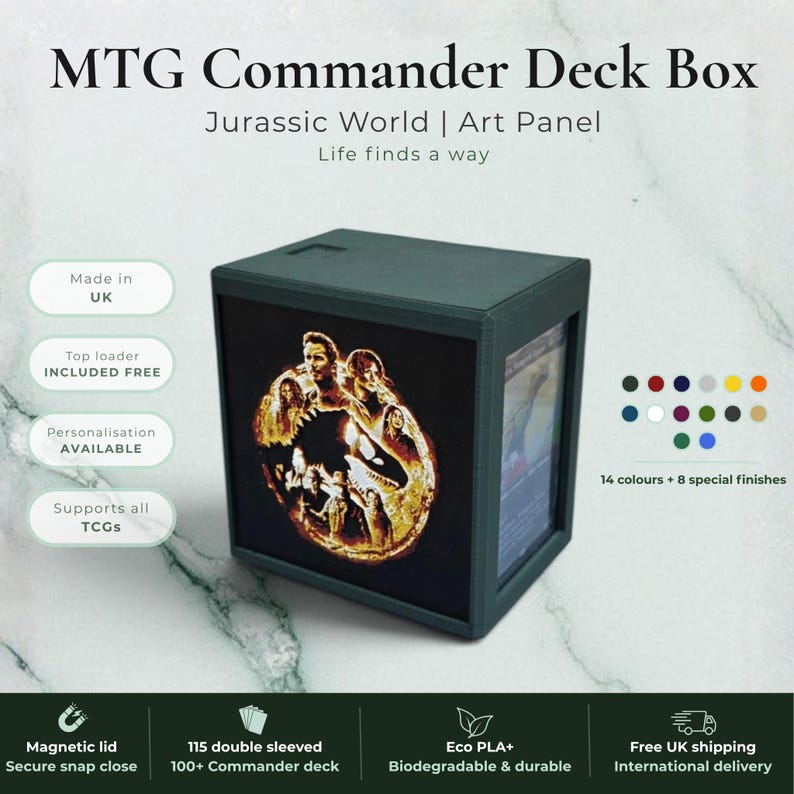 Jurassic Park Jurassic World dinosaur Commander deck box, black magnetic card vault with green prehistoric T-Rex dinosaur art, fits 115 double sleeved cards, MTG Commander EDH, Magic the Gathering, One Piece TCG, Disney Lorcana, Pokemon TCG, Flesh and Blood, Yu-Gi-Oh, dinosaur gift, tabletop gaming gift, made in UK Rotherham
