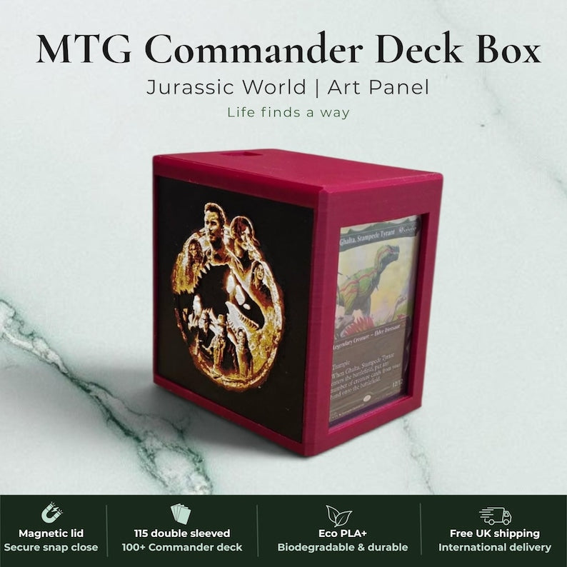 Jurassic Park Jurassic World dinosaur Commander deck box, black magnetic card vault with green prehistoric T-Rex dinosaur art, fits 115 double sleeved cards, MTG Commander EDH, Magic the Gathering, One Piece TCG, Disney Lorcana, Pokemon TCG, Flesh and Blood, Yu-Gi-Oh, dinosaur gift, tabletop gaming gift, made in UK Rotherham