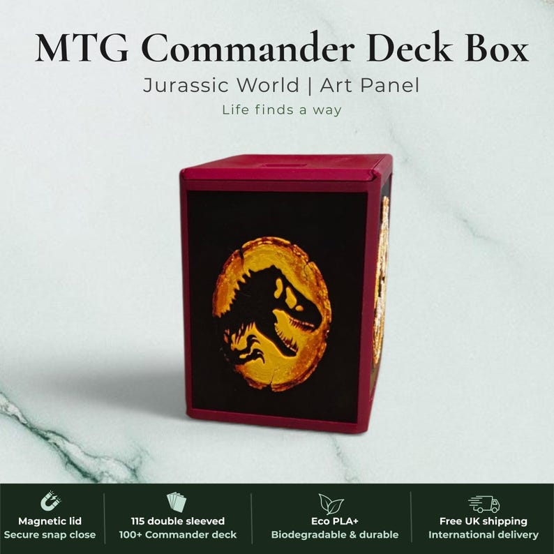 Jurassic Park Jurassic World dinosaur Commander deck box, black magnetic card vault with green prehistoric T-Rex dinosaur art, fits 115 double sleeved cards, MTG Commander EDH, Magic the Gathering, One Piece TCG, Disney Lorcana, Pokemon TCG, Flesh and Blood, Yu-Gi-Oh, dinosaur gift, tabletop gaming gift, made in UK Rotherham