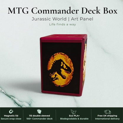Jurassic Park Jurassic World dinosaur Commander deck box, black magnetic card vault with green prehistoric T-Rex dinosaur art, fits 115 double sleeved cards, MTG Commander EDH, Magic the Gathering, One Piece TCG, Disney Lorcana, Pokemon TCG, Flesh and Blood, Yu-Gi-Oh, dinosaur gift, tabletop gaming gift, made in UK Rotherham