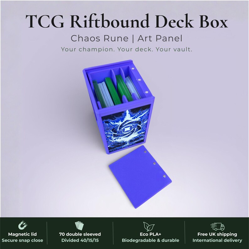Glyphbound Chaos Rune Riftbound Magnetic TCG Deck Box | HueForge Multi-Colour Art Panel | Purple Chaos Rune Edition | Compatible with Riftbound, Pokémon TCG, Yu-Gi-Oh! and MTG Draft | Holds 70 Double Sleeved Cards | UK Made by Origin·S Studio Rotherham | Gift for TCG Player