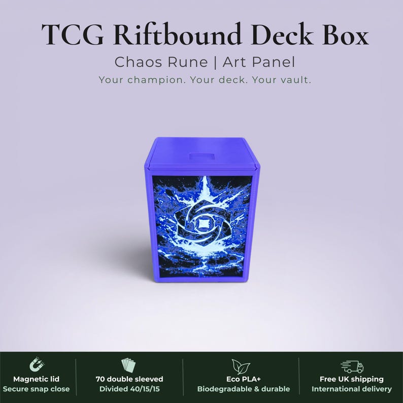 Glyphbound Chaos Rune Riftbound Magnetic TCG Deck Box | HueForge Multi-Colour Art Panel | Purple Chaos Rune Edition | Compatible with Riftbound, Pokémon TCG, Yu-Gi-Oh! and MTG Draft | Holds 70 Double Sleeved Cards | UK Made by Origin·S Studio Rotherham | Gift for TCG Player