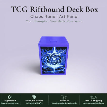Glyphbound Chaos Rune Riftbound Magnetic TCG Deck Box | HueForge Multi-Colour Art Panel | Purple Chaos Rune Edition | Compatible with Riftbound, Pokémon TCG, Yu-Gi-Oh! and MTG Draft | Holds 70 Double Sleeved Cards | UK Made by Origin·S Studio Rotherham | Gift for TCG Player