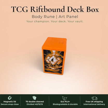 Glyphbound Body Rune Riftbound Magnetic TCG Deck Box | HueForge Multi-Colour Art Panel | Orange Body Rune Edition | Compatible with Riftbound, Pokémon TCG, Yu-Gi-Oh! and MTG Draft | Holds 70 Double Sleeved Cards | UK Made by Origin·S Studio Rotherham | Gift for TCG Player