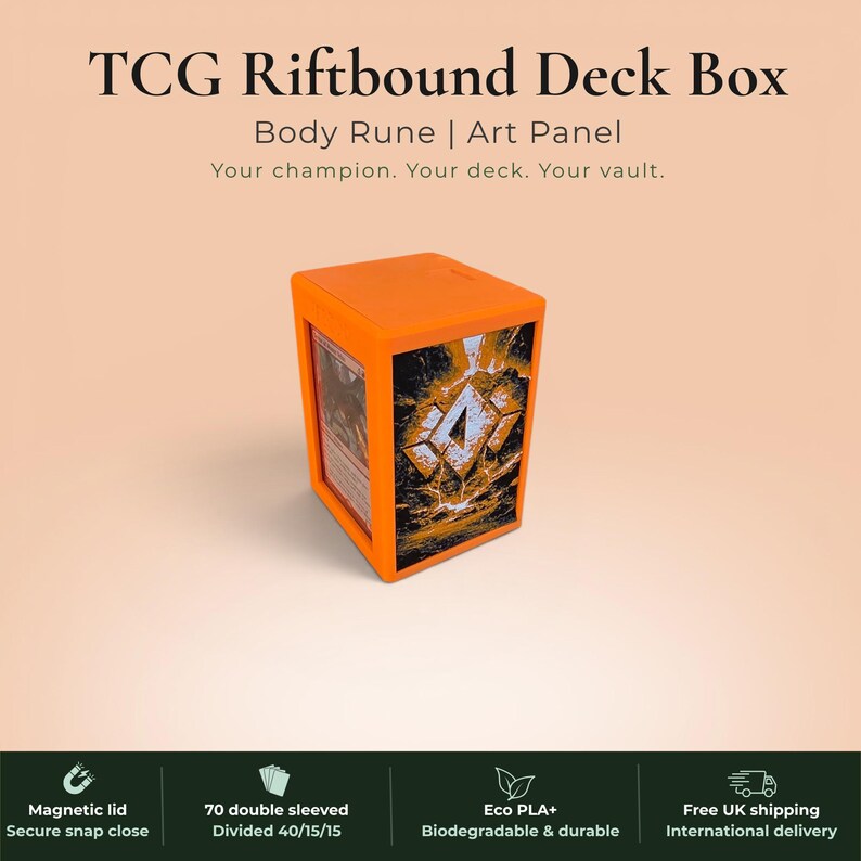 Glyphbound Body Rune Riftbound Magnetic TCG Deck Box | HueForge Multi-Colour Art Panel | Orange Body Rune Edition | Compatible with Riftbound, Pokémon TCG, Yu-Gi-Oh! and MTG Draft | Holds 70 Double Sleeved Cards | UK Made by Origin·S Studio Rotherham | Gift for TCG Player