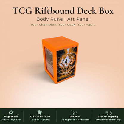 Glyphbound Body Rune Riftbound Magnetic TCG Deck Box | HueForge Multi-Colour Art Panel | Orange Body Rune Edition | Compatible with Riftbound, Pokémon TCG, Yu-Gi-Oh! and MTG Draft | Holds 70 Double Sleeved Cards | UK Made by Origin·S Studio Rotherham | Gift for TCG Player