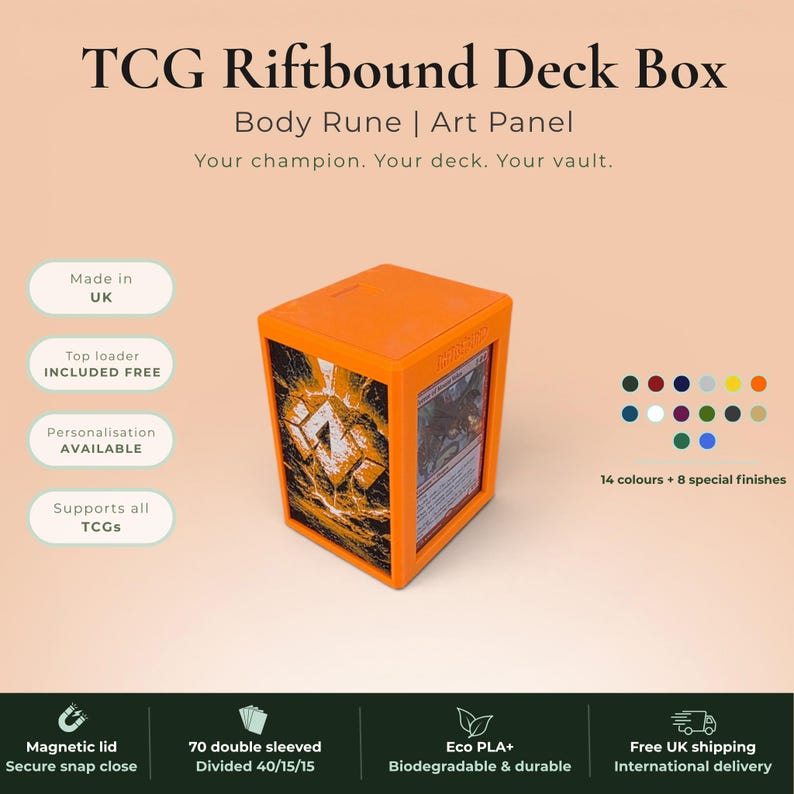 Glyphbound Body Rune Riftbound Magnetic TCG Deck Box | HueForge Multi-Colour Art Panel | Orange Body Rune Edition | Compatible with Riftbound, Pokémon TCG, Yu-Gi-Oh! and MTG Draft | Holds 70 Double Sleeved Cards | UK Made by Origin·S Studio Rotherham | Gift for TCG Player