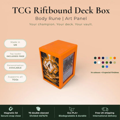 Glyphbound Body Rune Riftbound Magnetic TCG Deck Box | HueForge Multi-Colour Art Panel | Orange Body Rune Edition | Compatible with Riftbound, Pokémon TCG, Yu-Gi-Oh! and MTG Draft | Holds 70 Double Sleeved Cards | UK Made by Origin·S Studio Rotherham | Gift for TCG Player
