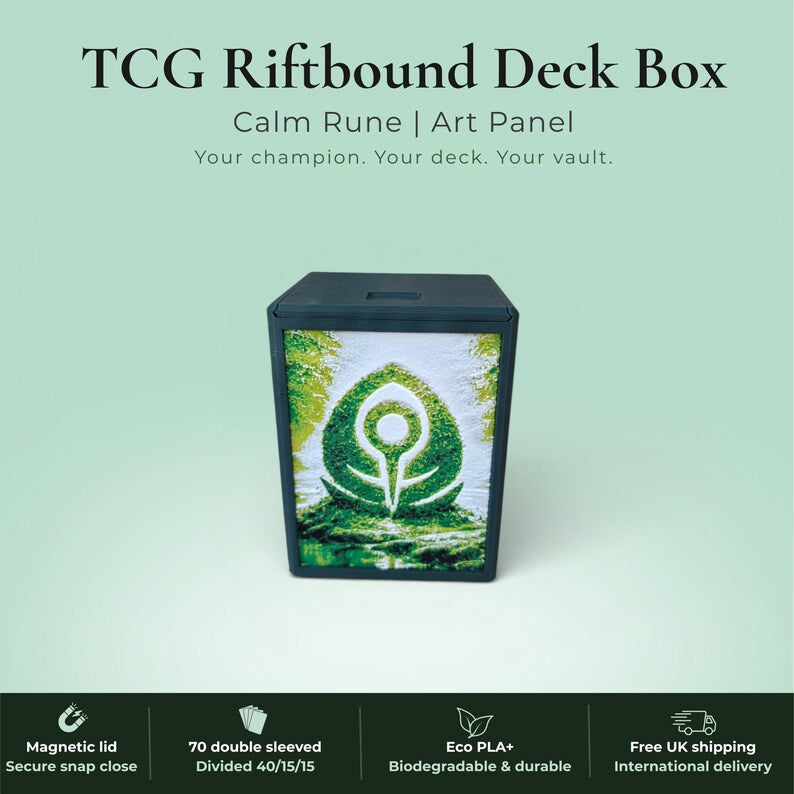Glyphbound Mind Rune Riftbound Magnetic TCG Deck Box | HueForge Multi-Colour Art Panel | Blue Mind Rune Edition | Compatible with Riftbound, Pokémon TCG, Yu-Gi-Oh! and MTG Draft | Holds 70 Double Sleeved Cards | UK Made by Origin·S Studio Rotherham | Gift for TCG Player