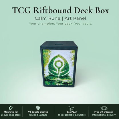 Glyphbound Mind Rune Riftbound Magnetic TCG Deck Box | HueForge Multi-Colour Art Panel | Blue Mind Rune Edition | Compatible with Riftbound, Pokémon TCG, Yu-Gi-Oh! and MTG Draft | Holds 70 Double Sleeved Cards | UK Made by Origin·S Studio Rotherham | Gift for TCG Player