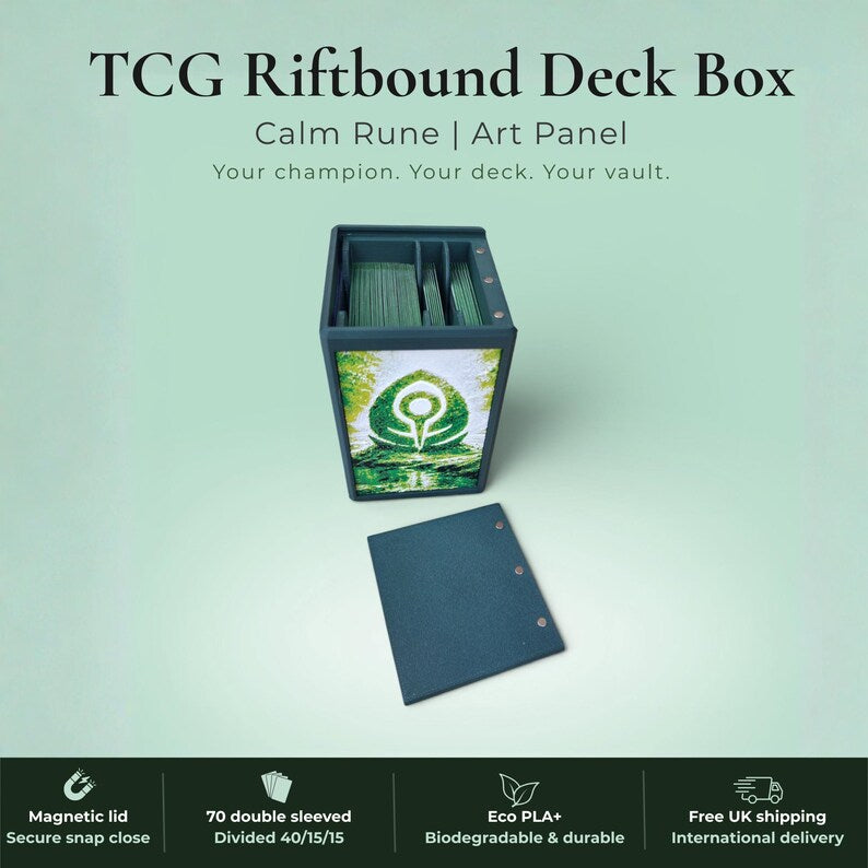 Glyphbound Mind Rune Riftbound Magnetic TCG Deck Box | HueForge Multi-Colour Art Panel | Blue Mind Rune Edition | Compatible with Riftbound, Pokémon TCG, Yu-Gi-Oh! and MTG Draft | Holds 70 Double Sleeved Cards | UK Made by Origin·S Studio Rotherham | Gift for TCG Player