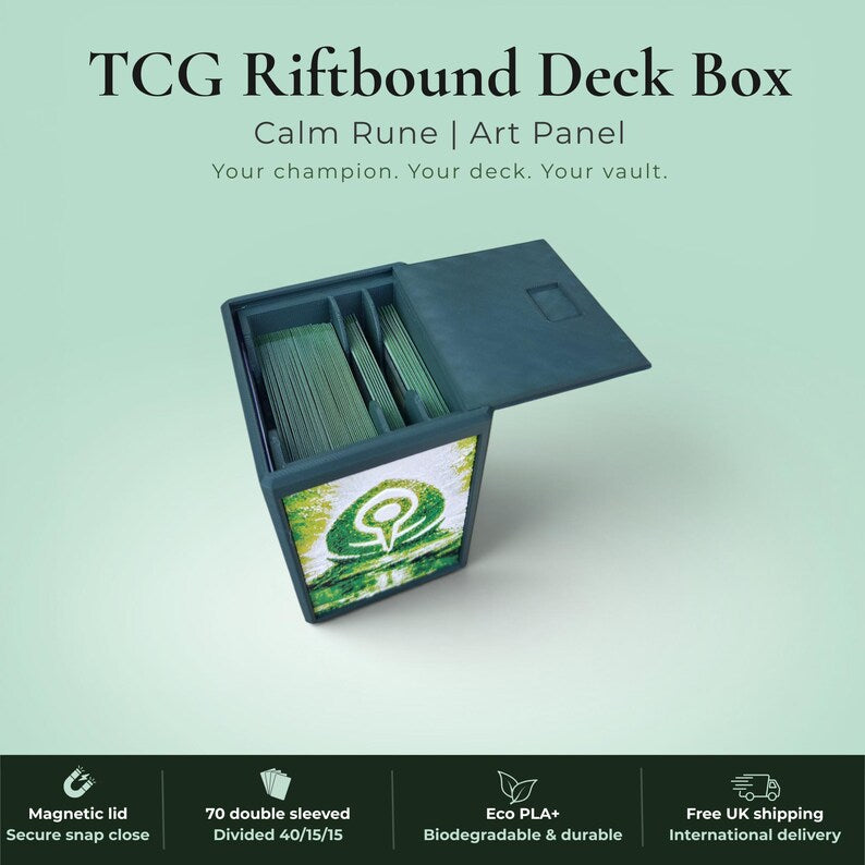 Glyphbound Mind Rune Riftbound Magnetic TCG Deck Box | HueForge Multi-Colour Art Panel | Blue Mind Rune Edition | Compatible with Riftbound, Pokémon TCG, Yu-Gi-Oh! and MTG Draft | Holds 70 Double Sleeved Cards | UK Made by Origin·S Studio Rotherham | Gift for TCG Player
