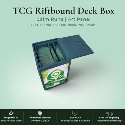 Glyphbound Mind Rune Riftbound Magnetic TCG Deck Box | HueForge Multi-Colour Art Panel | Blue Mind Rune Edition | Compatible with Riftbound, Pokémon TCG, Yu-Gi-Oh! and MTG Draft | Holds 70 Double Sleeved Cards | UK Made by Origin·S Studio Rotherham | Gift for TCG Player