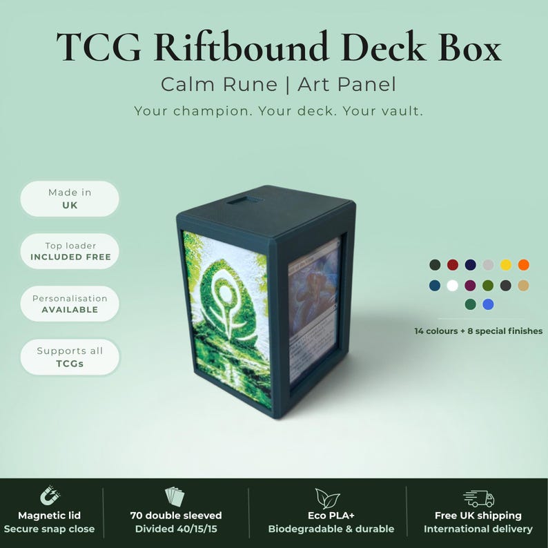 Glyphbound Mind Rune Riftbound Magnetic TCG Deck Box | HueForge Multi-Colour Art Panel | Blue Mind Rune Edition | Compatible with Riftbound, Pokémon TCG, Yu-Gi-Oh! and MTG Draft | Holds 70 Double Sleeved Cards | UK Made by Origin·S Studio Rotherham | Gift for TCG Player