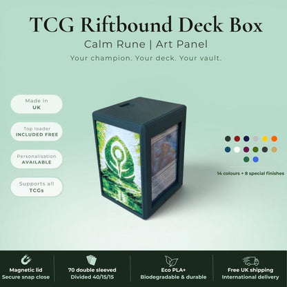 Glyphbound Mind Rune Riftbound Magnetic TCG Deck Box | HueForge Multi-Colour Art Panel | Blue Mind Rune Edition | Compatible with Riftbound, Pokémon TCG, Yu-Gi-Oh! and MTG Draft | Holds 70 Double Sleeved Cards | UK Made by Origin·S Studio Rotherham | Gift for TCG Player