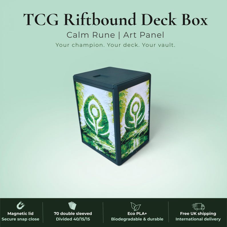 Glyphbound Mind Rune Riftbound Magnetic TCG Deck Box | HueForge Multi-Colour Art Panel | Blue Mind Rune Edition | Compatible with Riftbound, Pokémon TCG, Yu-Gi-Oh! and MTG Draft | Holds 70 Double Sleeved Cards | UK Made by Origin·S Studio Rotherham | Gift for TCG Player