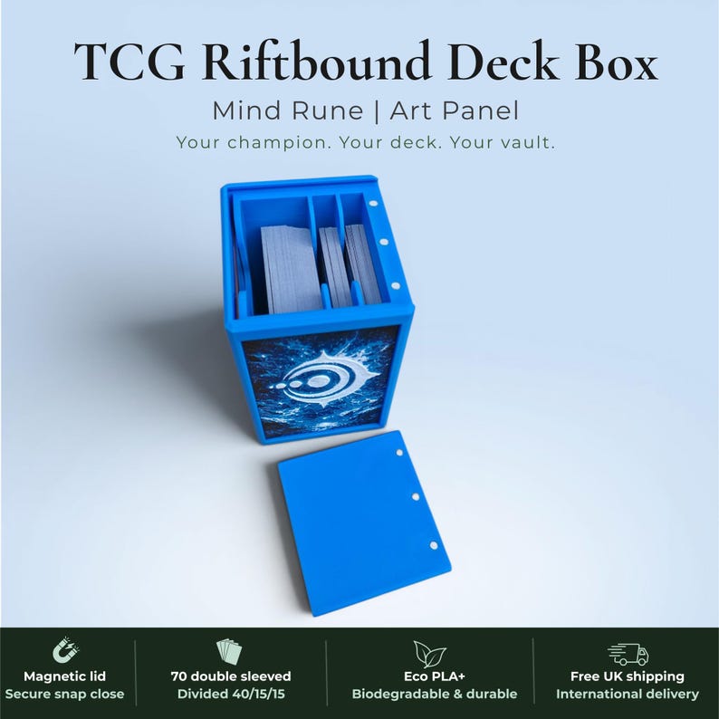 Glyphbound Mind Rune Riftbound Magnetic TCG Deck Box | HueForge Multi-Colour Art Panel | Blue Mind Rune Edition | Compatible with Riftbound, Pokémon TCG, Yu-Gi-Oh! and MTG Draft | Holds 70 Double Sleeved Cards | UK Made by Origin·S Studio Rotherham | Gift for TCG Player