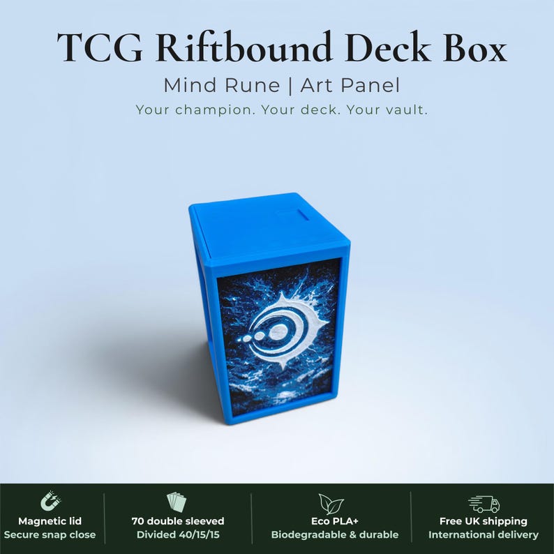 Glyphbound Mind Rune Riftbound Magnetic TCG Deck Box | HueForge Multi-Colour Art Panel | Blue Mind Rune Edition | Compatible with Riftbound, Pokémon TCG, Yu-Gi-Oh! and MTG Draft | Holds 70 Double Sleeved Cards | UK Made by Origin·S Studio Rotherham | Gift for TCG Player