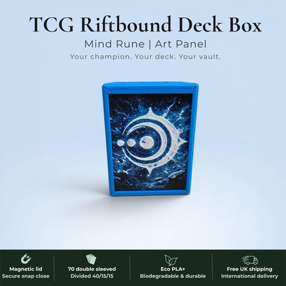 Glyphbound Mind Rune Riftbound Magnetic TCG Deck Box | HueForge Multi-Colour Art Panel | Blue Mind Rune Edition | Compatible with Riftbound, Pokémon TCG, Yu-Gi-Oh! and MTG Draft | Holds 70 Double Sleeved Cards | UK Made by Origin·S Studio Rotherham | Gift for TCG Player