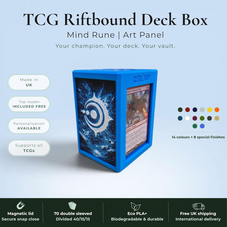 Glyphbound Mind Rune Riftbound Magnetic TCG Deck Box | HueForge Multi-Colour Art Panel | Blue Mind Rune Edition | Compatible with Riftbound, Pokémon TCG, Yu-Gi-Oh! and MTG Draft | Holds 70 Double Sleeved Cards | UK Made by Origin·S Studio Rotherham | Gift for TCG Player